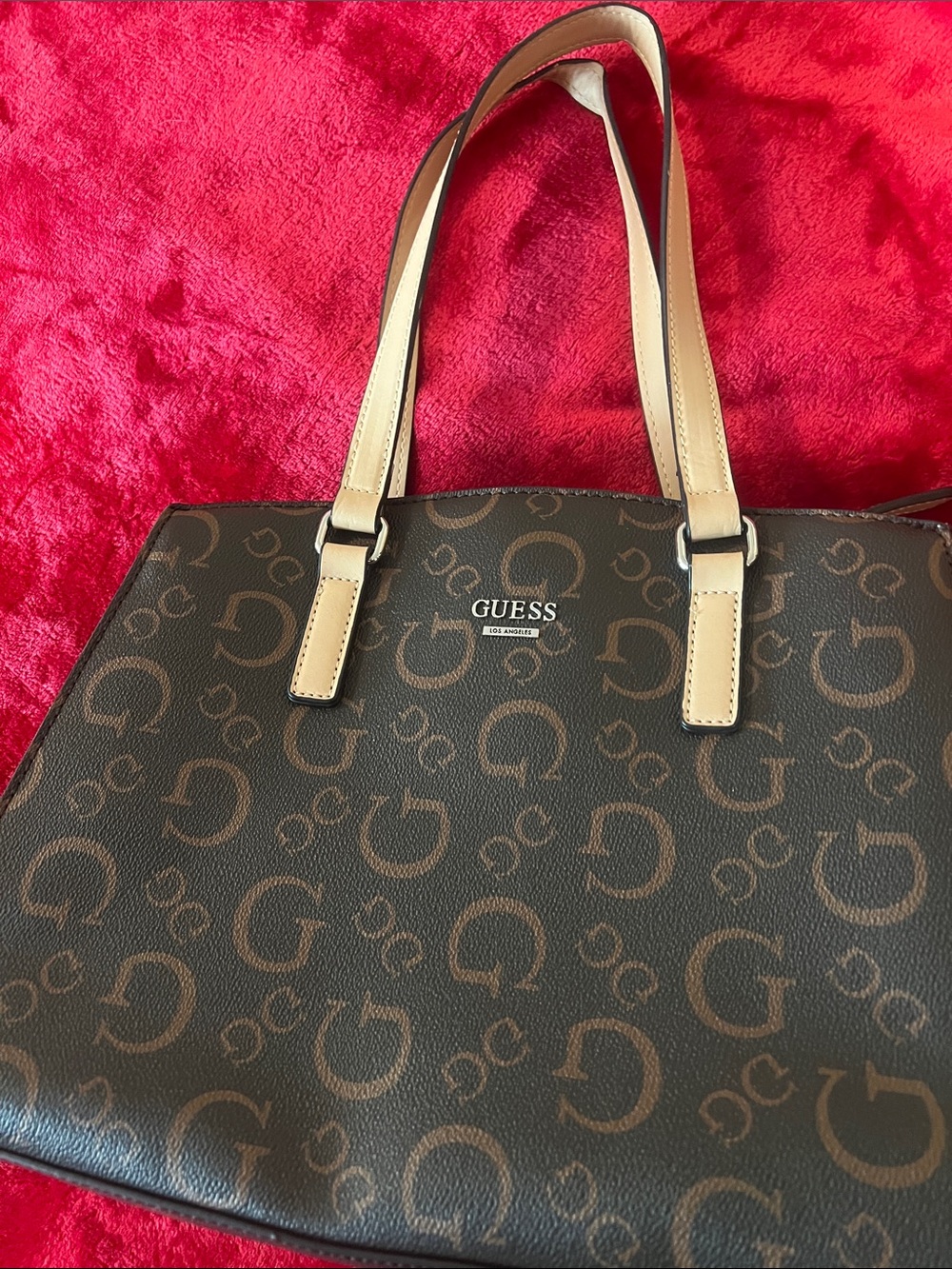 GUESS Brown Monogram Tote with Tan Strap Accents